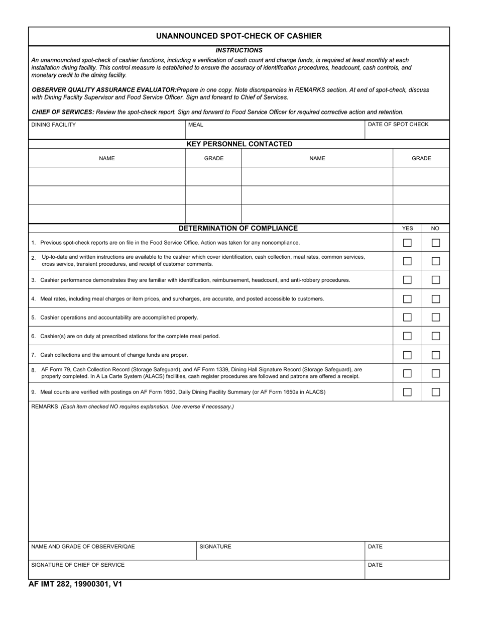 AF IMT Form 282 Unannounced Spot-Check of Cashier, Page 1