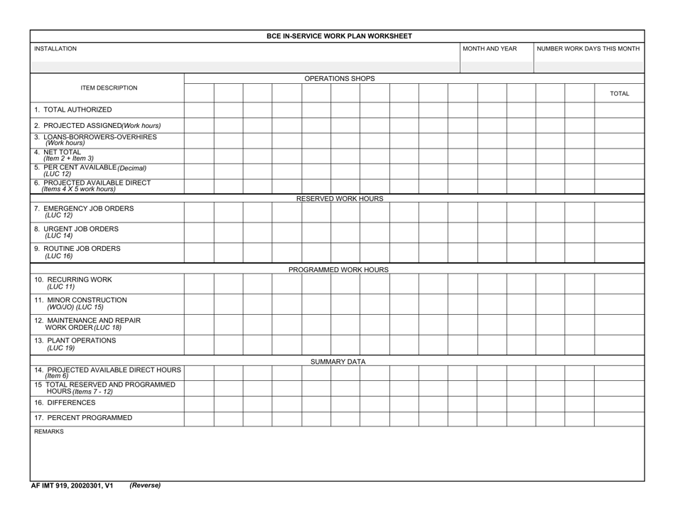 AF IMT Form 919 BCE In-Service Work Plan Worksheet, Page 2