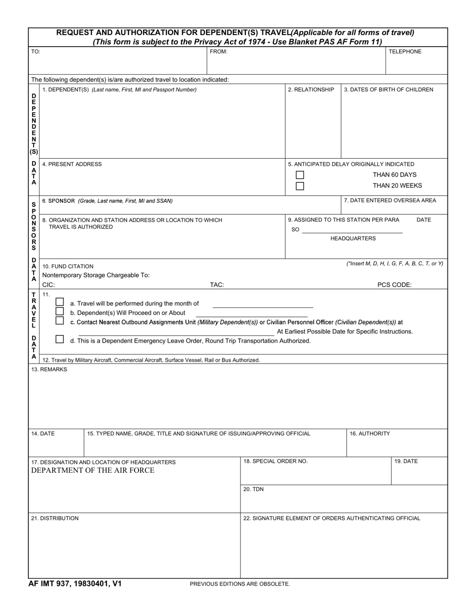 AF IMT Form 937 Request and Authorization for Dependent(s) Travel, Page 1