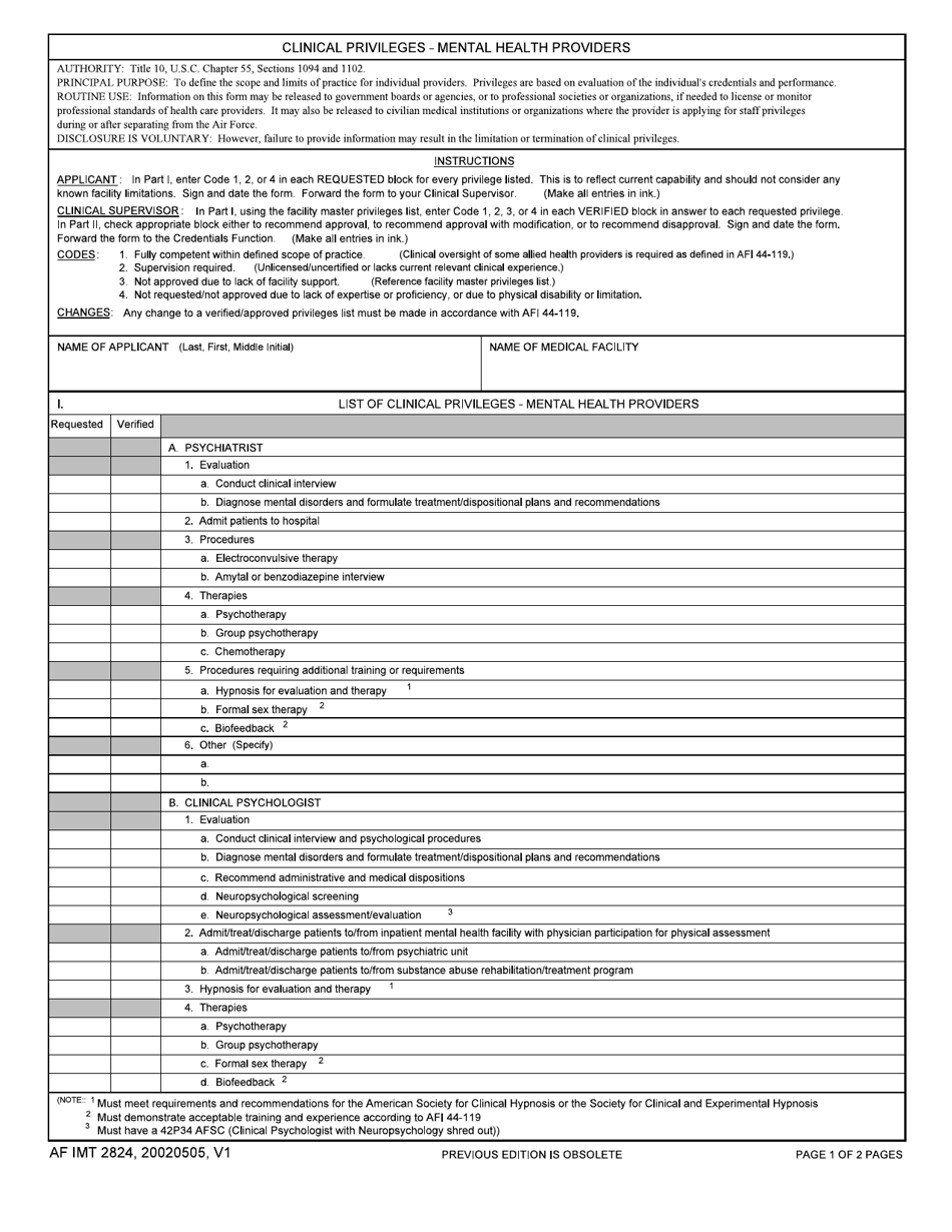 AF IMT Form 2824 Clinical Privileges - Mental Health Providers, Page 1