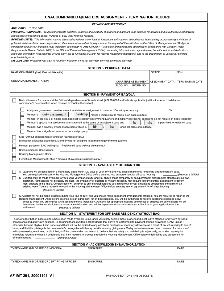 AF IMT Form 291 Unaccompanied Quarters Assignment - Termination Record, Page 1