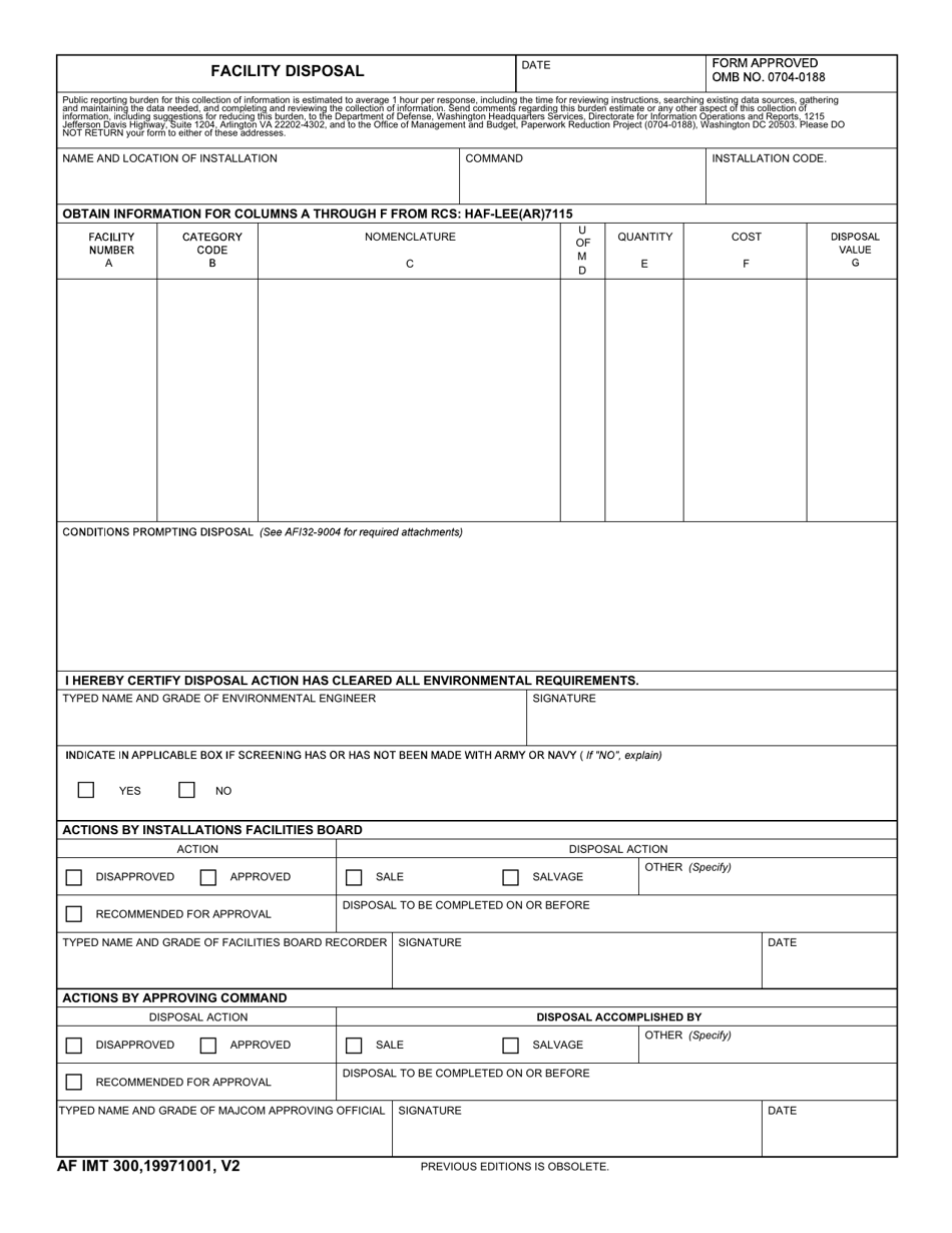AF IMT Form 300 Facility Disposal, Page 1