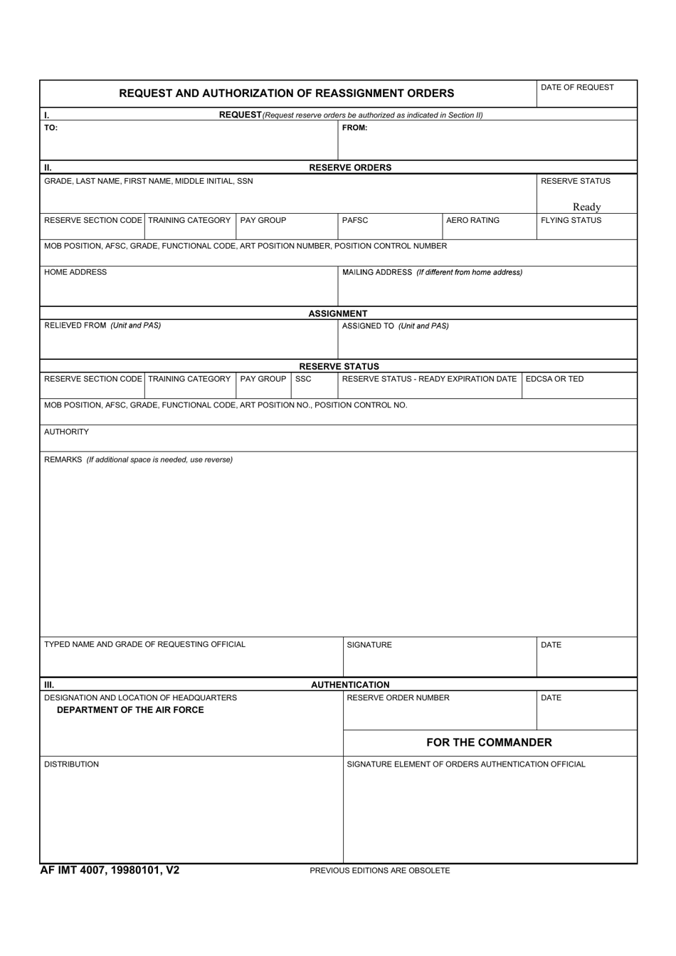 AF IMT Form 4007 Request and Authorization of Reassignment Orders, Page 1