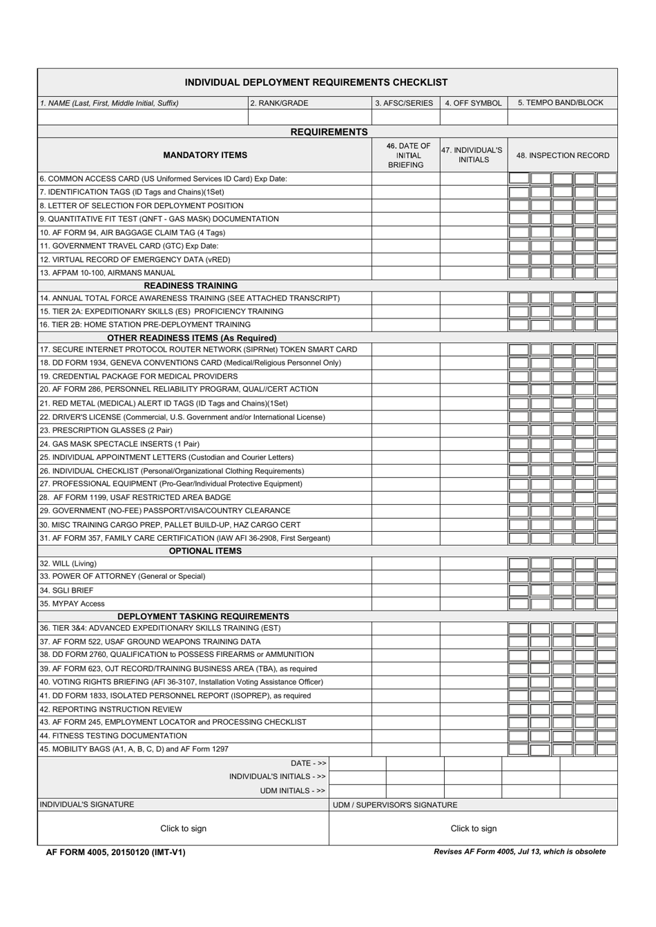 AF Form 4005 Individual Deployment Requirements Checklist, Page 1