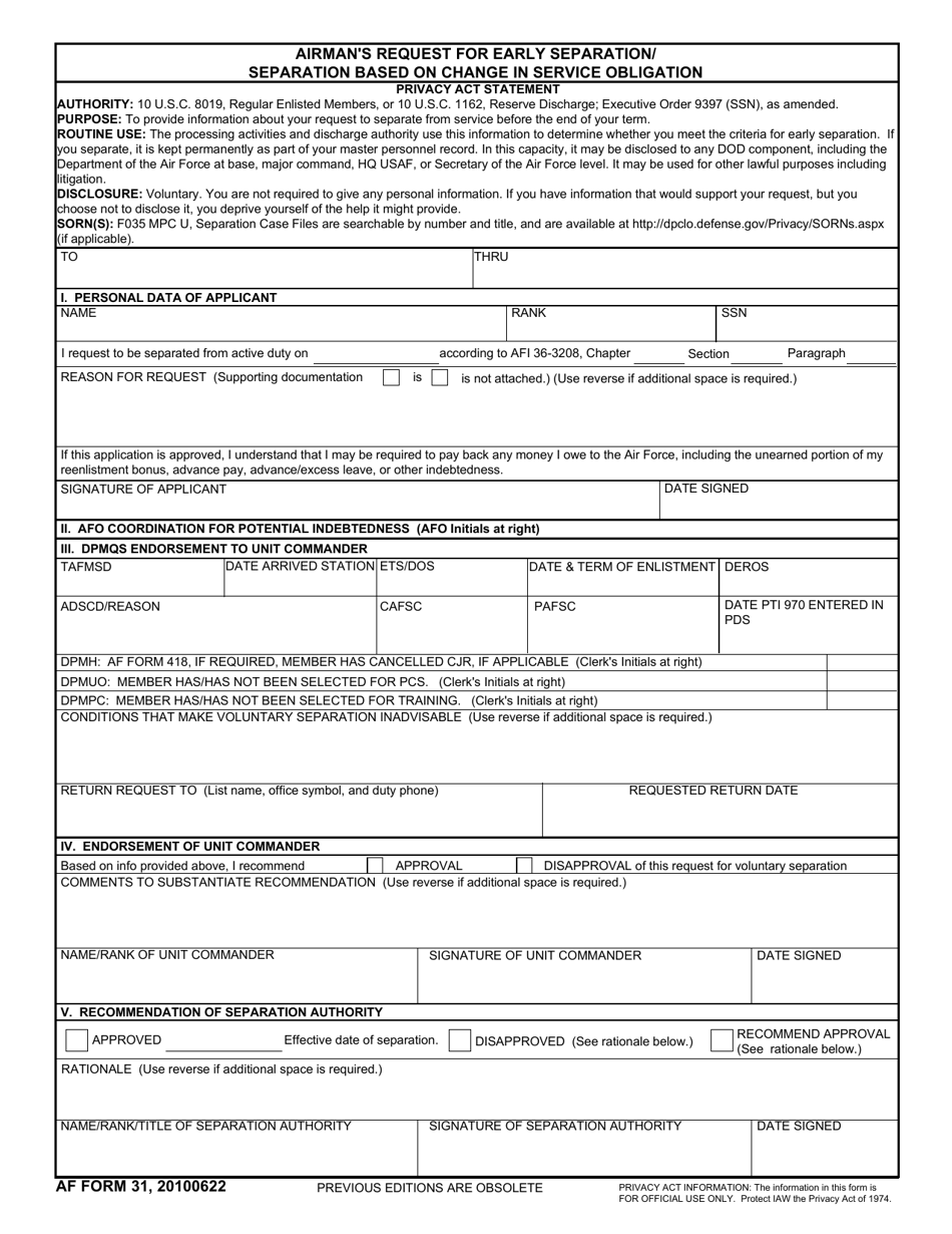 AF Form 31 Airman's Request for Early Separation/Separation Based on Change in Service Obligation, Page 1