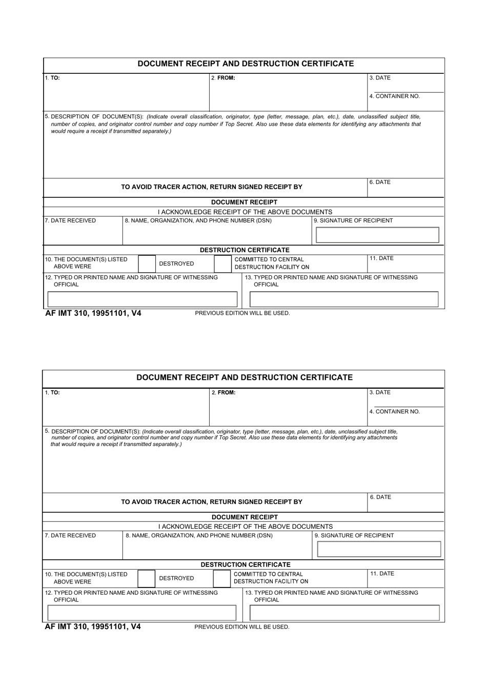 AF IMT Form 310 Document Receipt and Destruction Certificate, Page 1