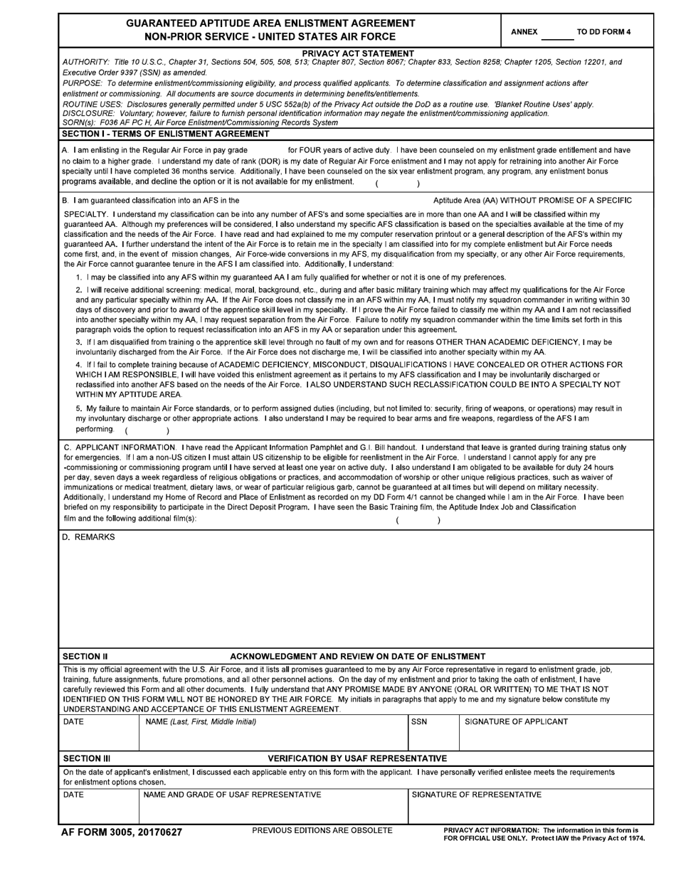 AF Form 3005 Guaranteed Aptitude Area Enlistment Agreement Non-prior Service - United States Air Force, Page 1