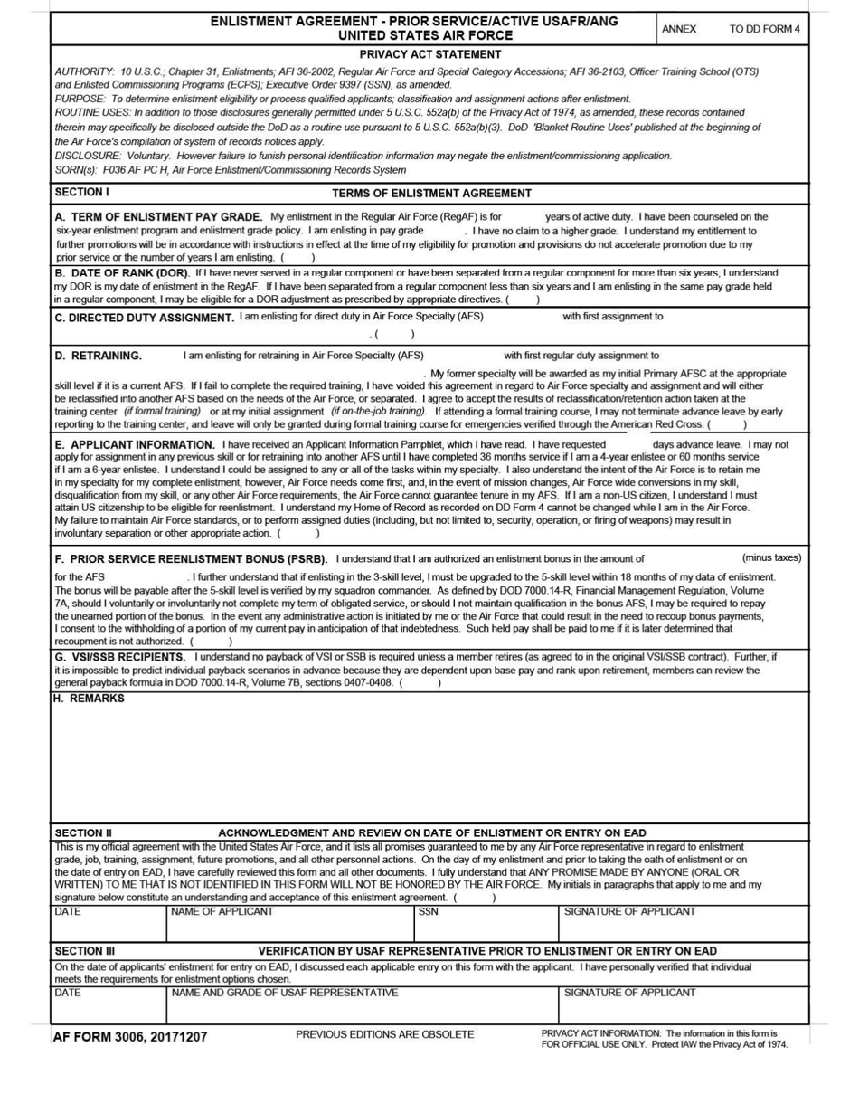 AF Form 3006 Enlistment Agreement - Prior Service / Active USAFR / Ang, Page 1