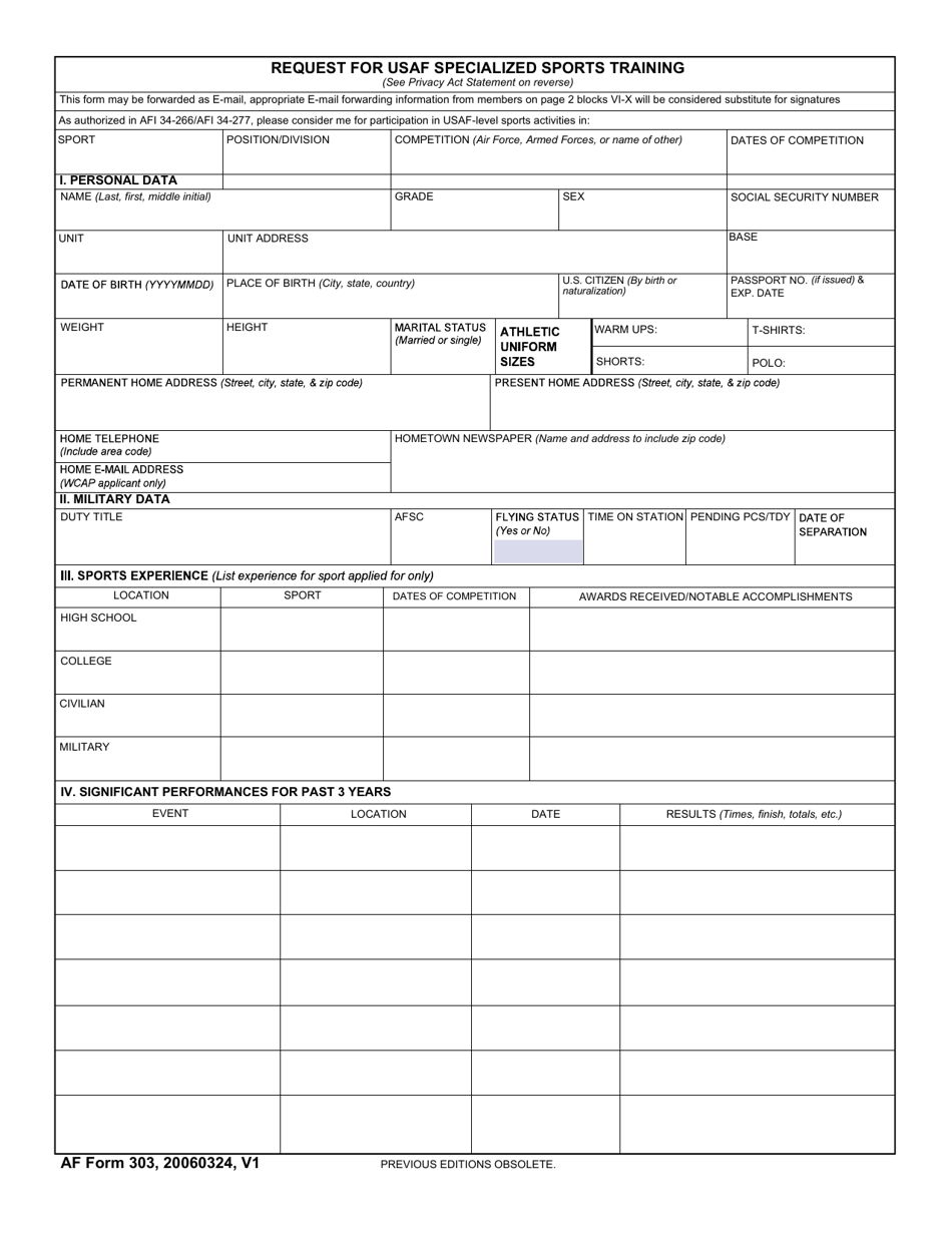 AF Form 303 Request for USAF Specialized Sports Training, Page 1