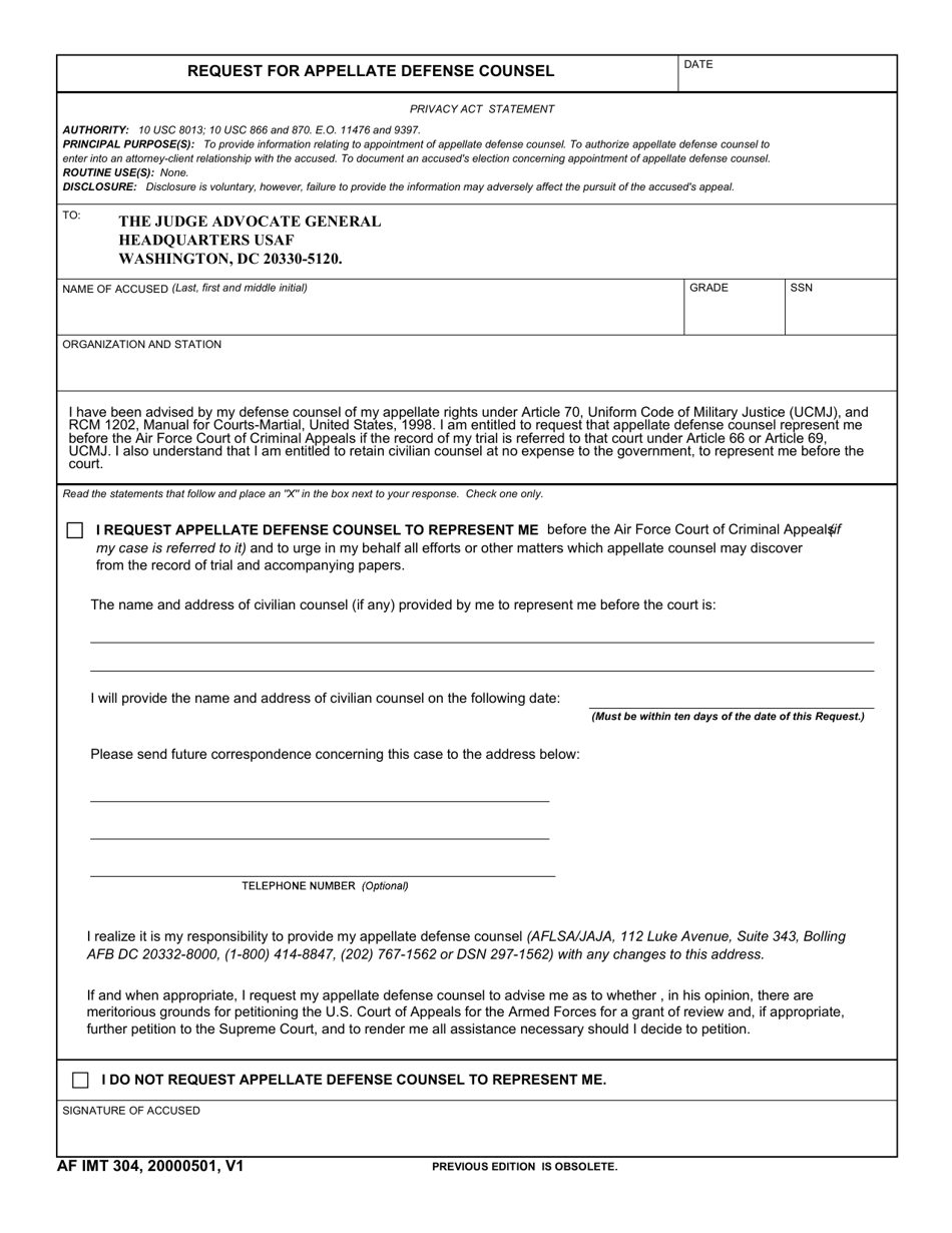 AF IMT Form 304 Request for Appellate Defense Counsel, Page 1