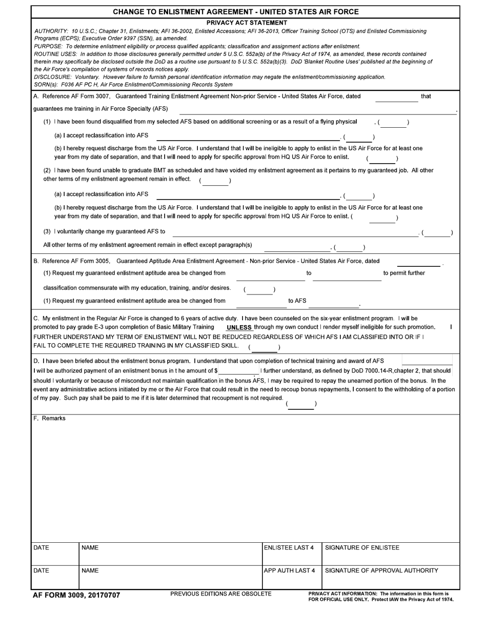 AF Form 3009 Change to Enlistment Agreement - United States Air Force, Page 1