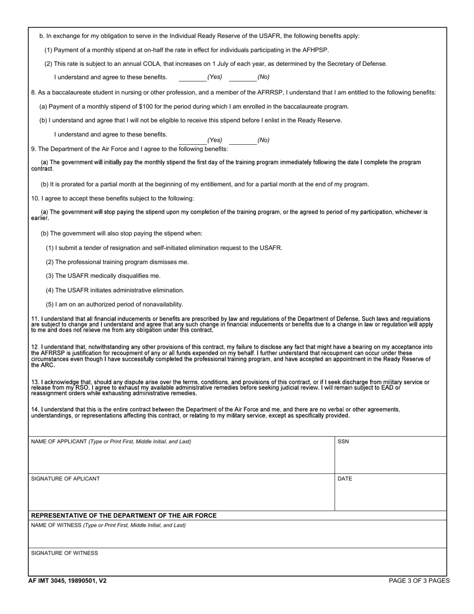 AF IMT Form 3045 The Air Force Ready Reserve Stipend Program (Afrrsp) Contract, Page 3