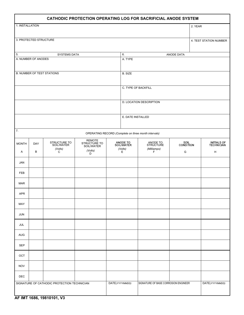 AF IMT Form 1686 Cathodic Protection Operating Log for Sacrificial Anode System (Not LRA), Page 1