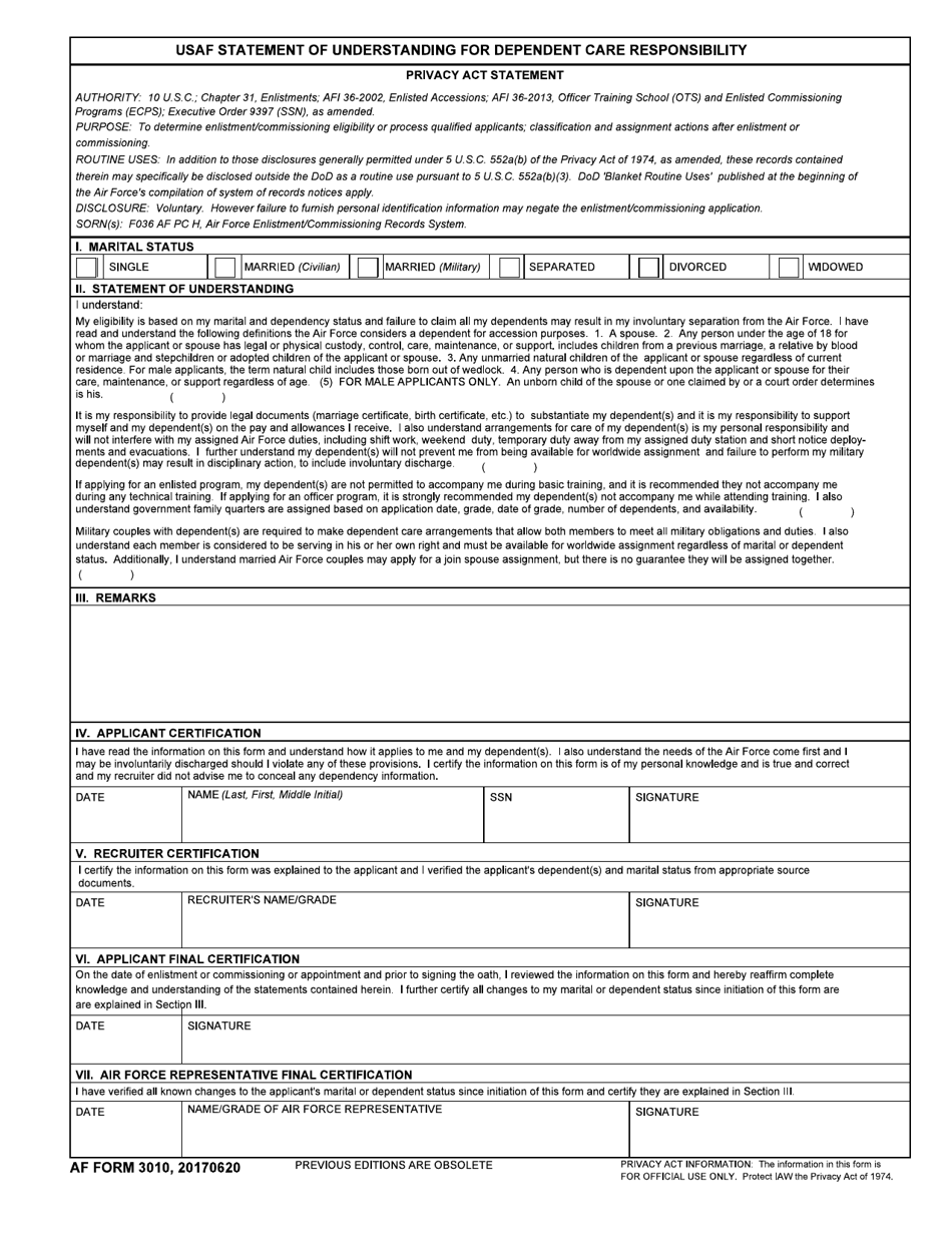 AF Form 3010 USAF Statement of Understanding for Dependent Care Responsibilities, Page 1