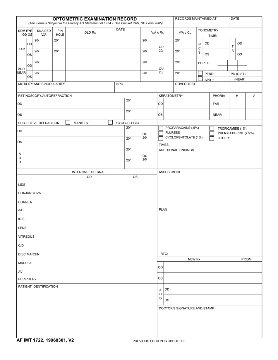 AF IMT Form 1722 Optometric Examination Record, Page 1