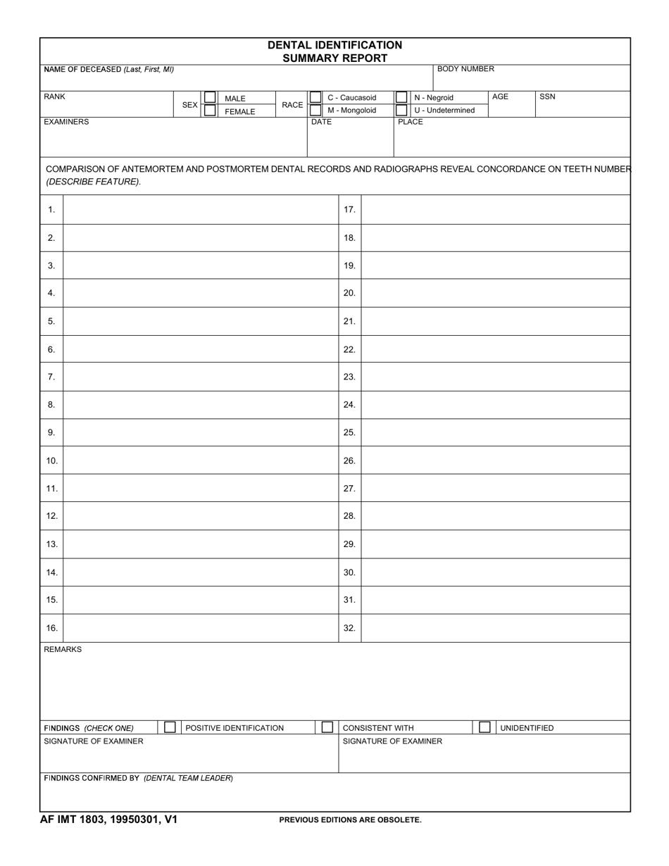 AF IMT Form 1803 Dental Identification Summary Report, Page 1