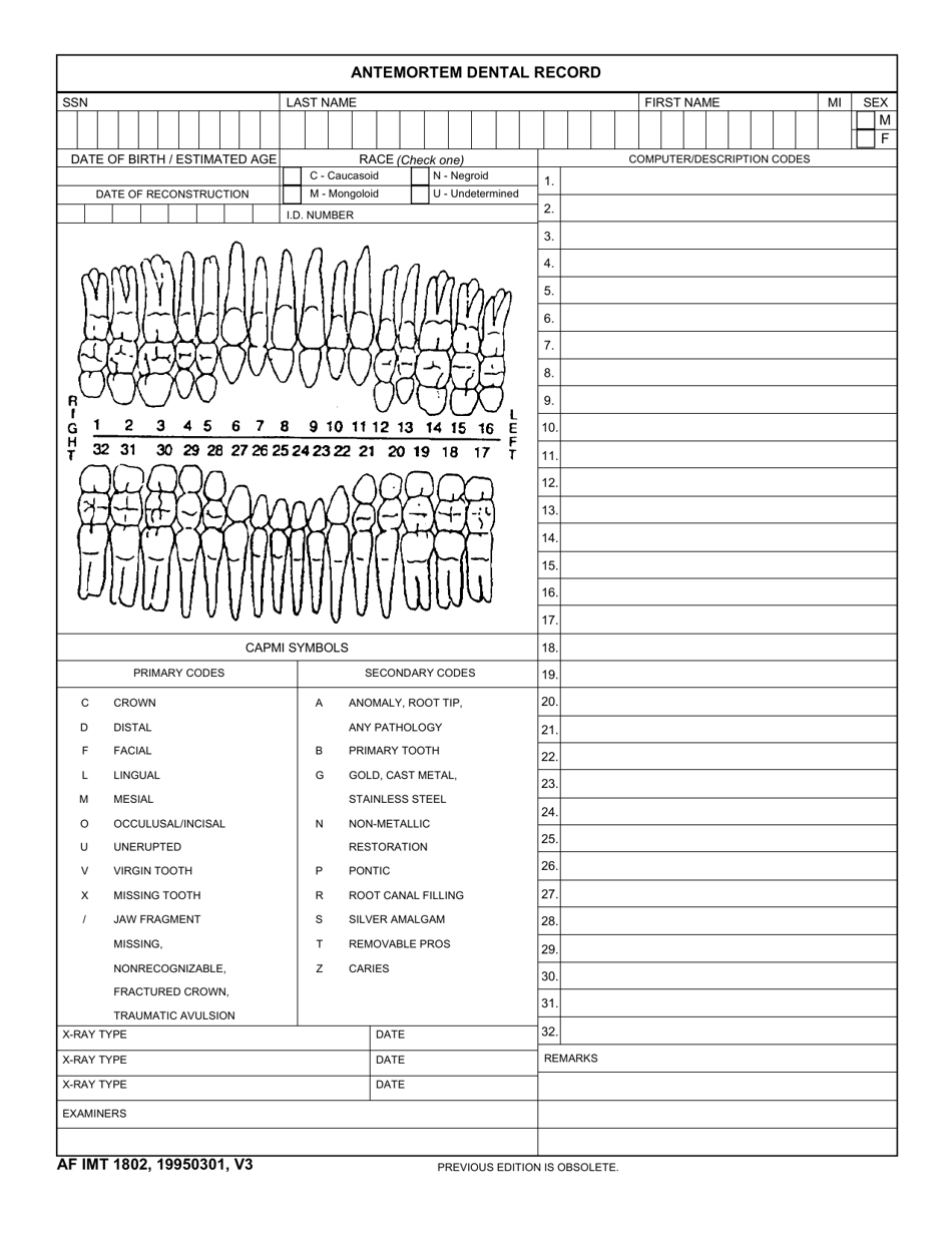 AF IMT Form 1802 Antemortem Dental Record, Page 1