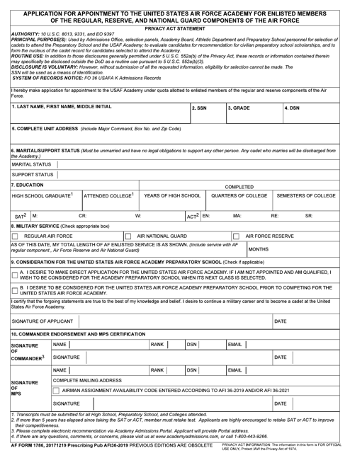 AF Form 1786 Application for Appointment to the United States Air Force Academy Under Quota Allotted to Enlisted Members of the Regular & Reserve Components of the Air Force
