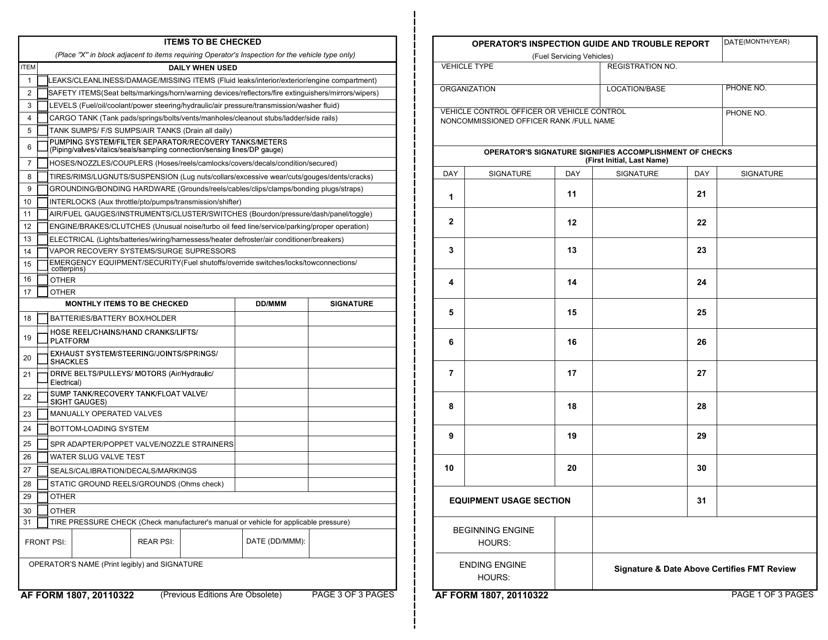 AF Form 1807 Operator's Inspection Guide and Trouble Report