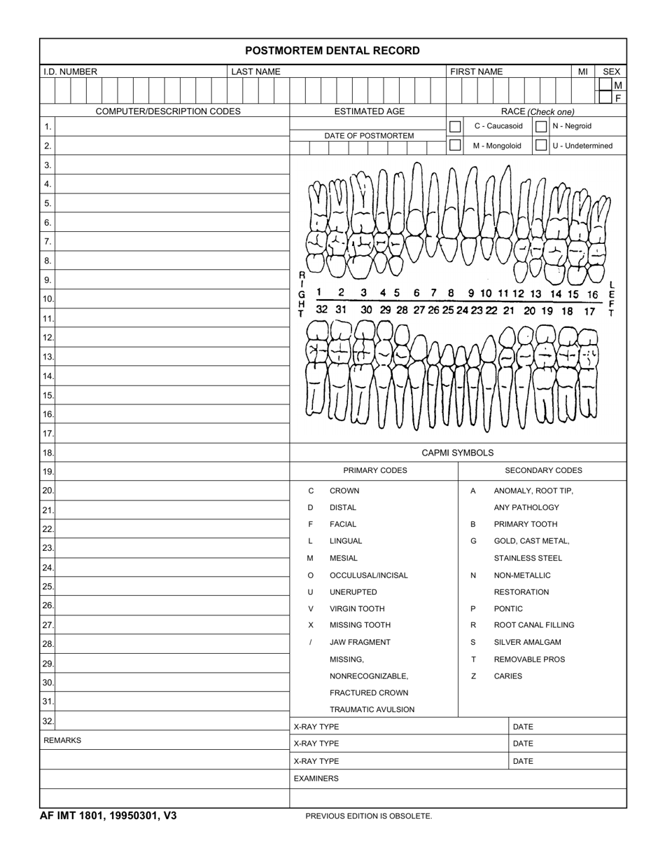AF IMT Form 1801 Postmortem Dental Record, Page 1