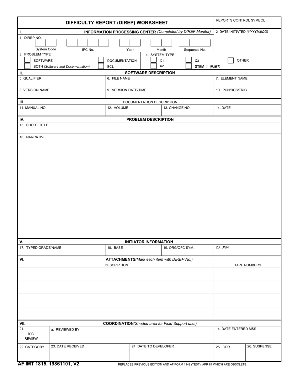 AF IMT Form 1815 Difficulty Report (Direp) Worksheet, Page 1