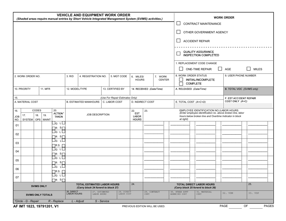 AF IMT Form 1823 Vehicle and Equipment Work Order, Page 1