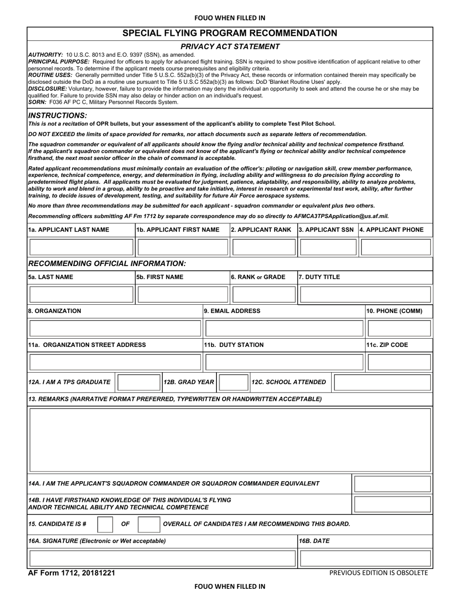 Af Form 224 Download Fillable Pdf Or Fill Online Recommendation And 43A