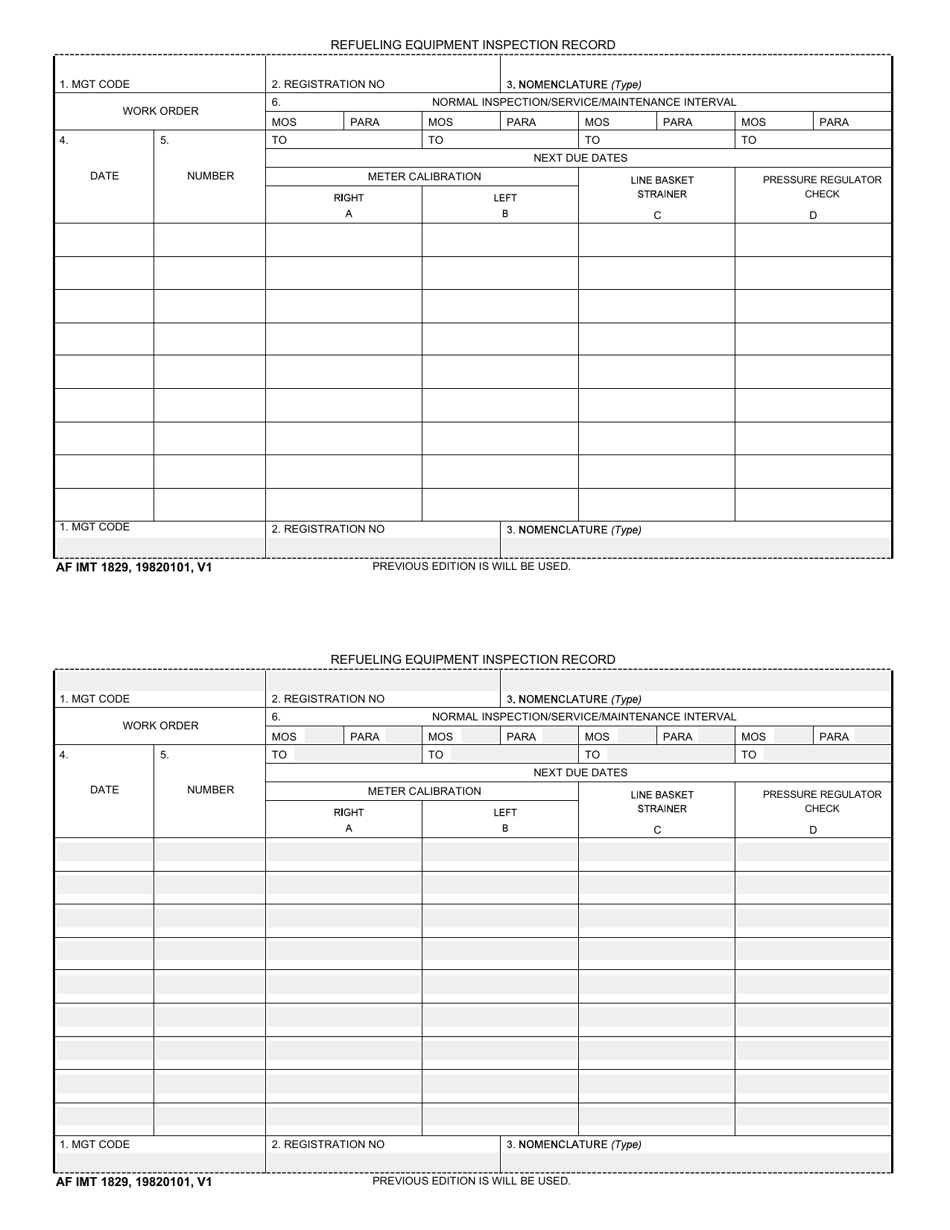 AF IMT Form 1829 Refueling Equipment Inspection Record, Page 1