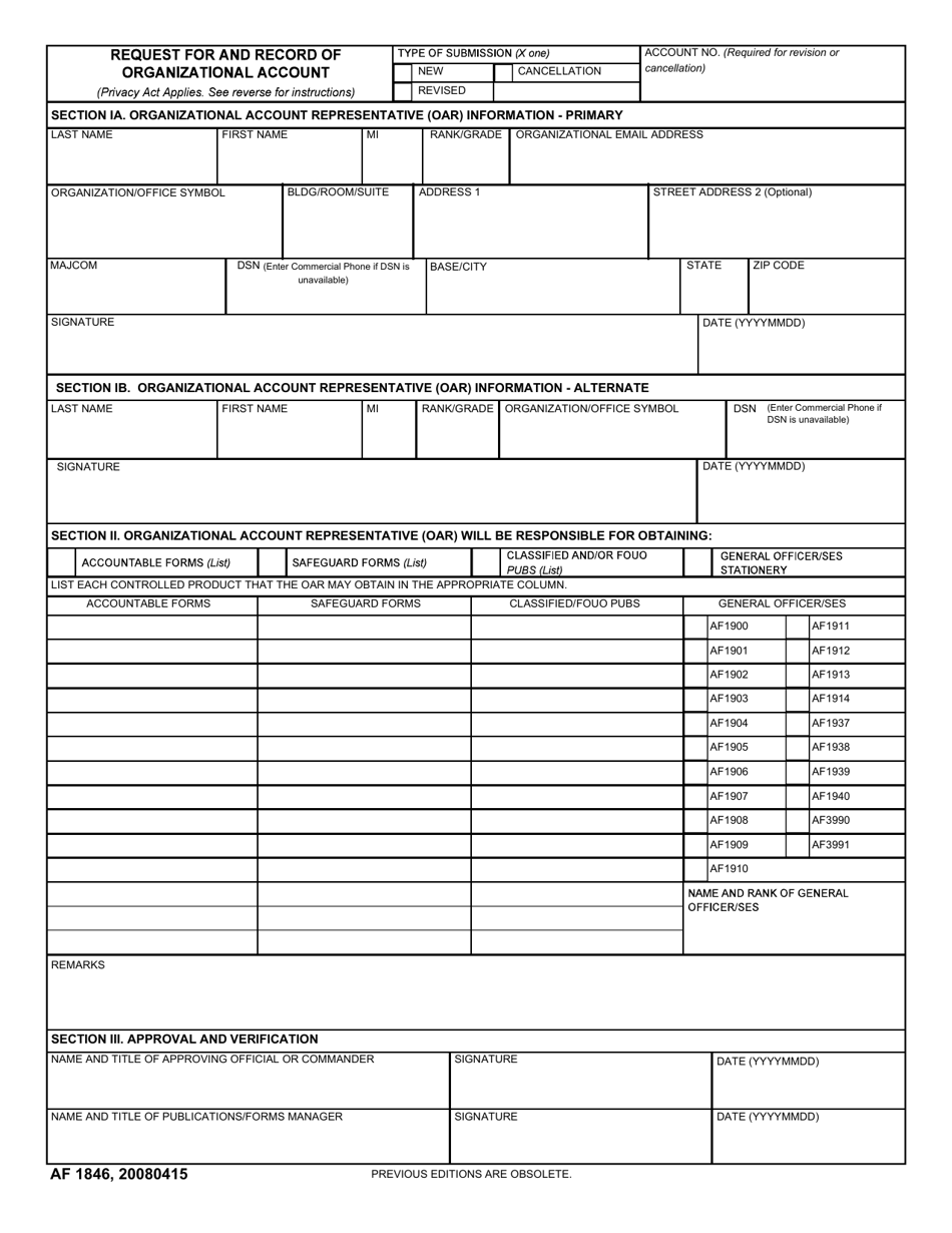 AF Form 1846 Request for and Record of Organizational Account, Page 1