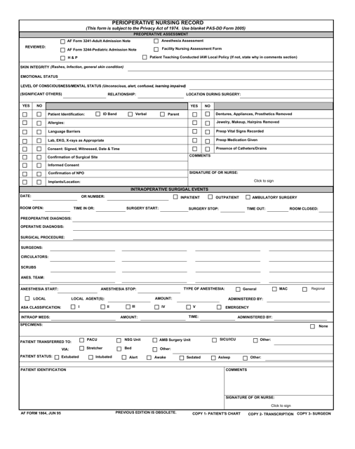 AF Form 1864 Perioperative Nursing Record
