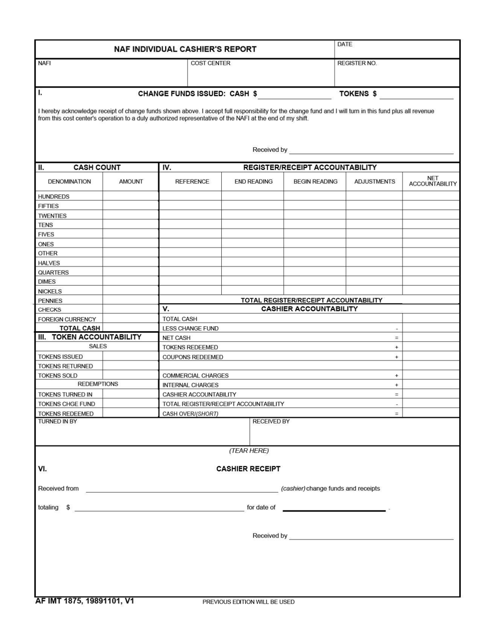 AF IMT Form 1875A NAF Individual Cashiers Report, Page 1