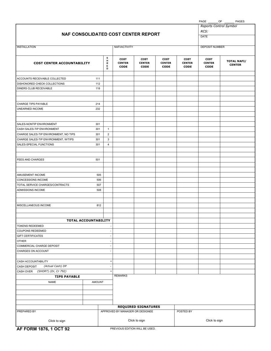 AF Form 1876 NAF Consolidated Cost Center Report, Page 1