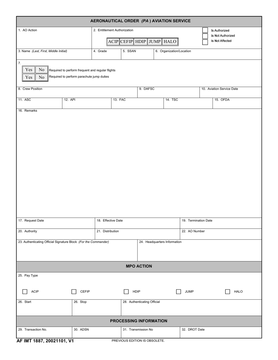 AF IMT Form 1887 Aeronautical Order (Pa) Aviation Service, Page 1