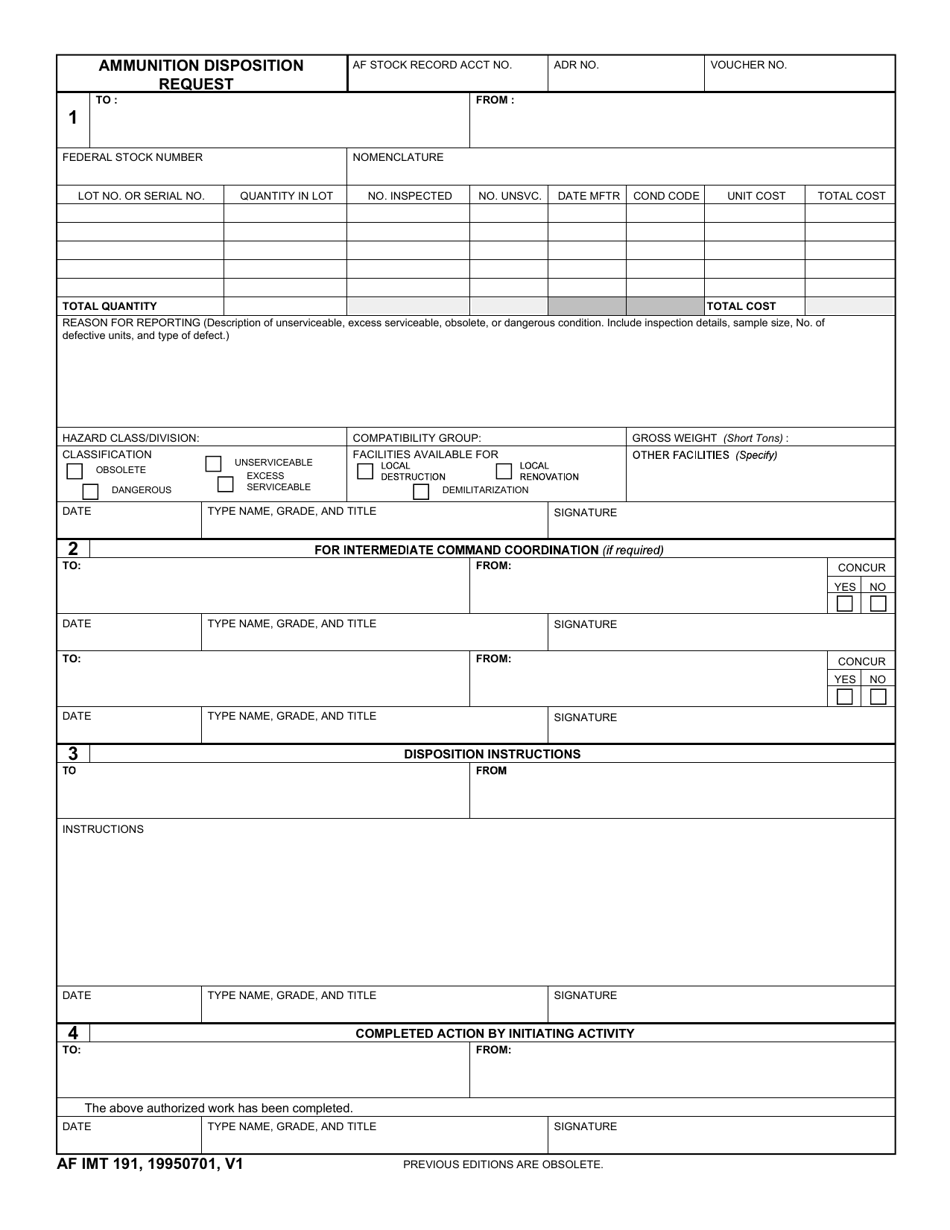 AF IMT Form 191 Ammunition Disposition Request, Page 1