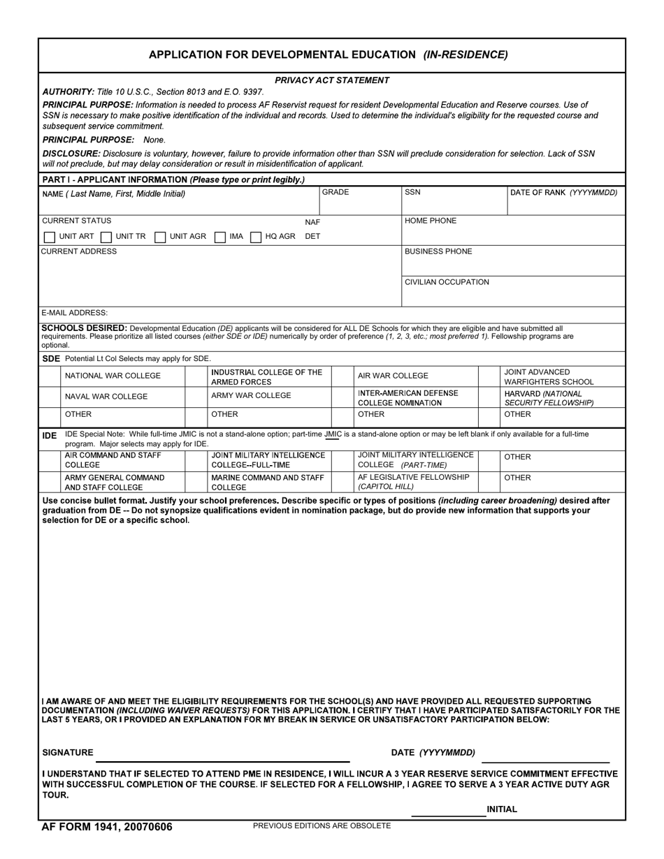AF Form 1941 Application for Developmental Education (In-residence), Page 1