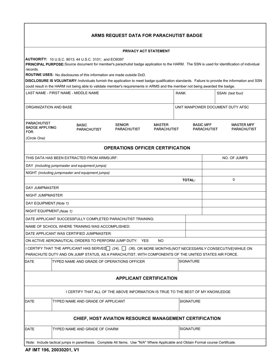 AF IMT Form 196 Arms Request Data for Parachutist Badge, Page 1