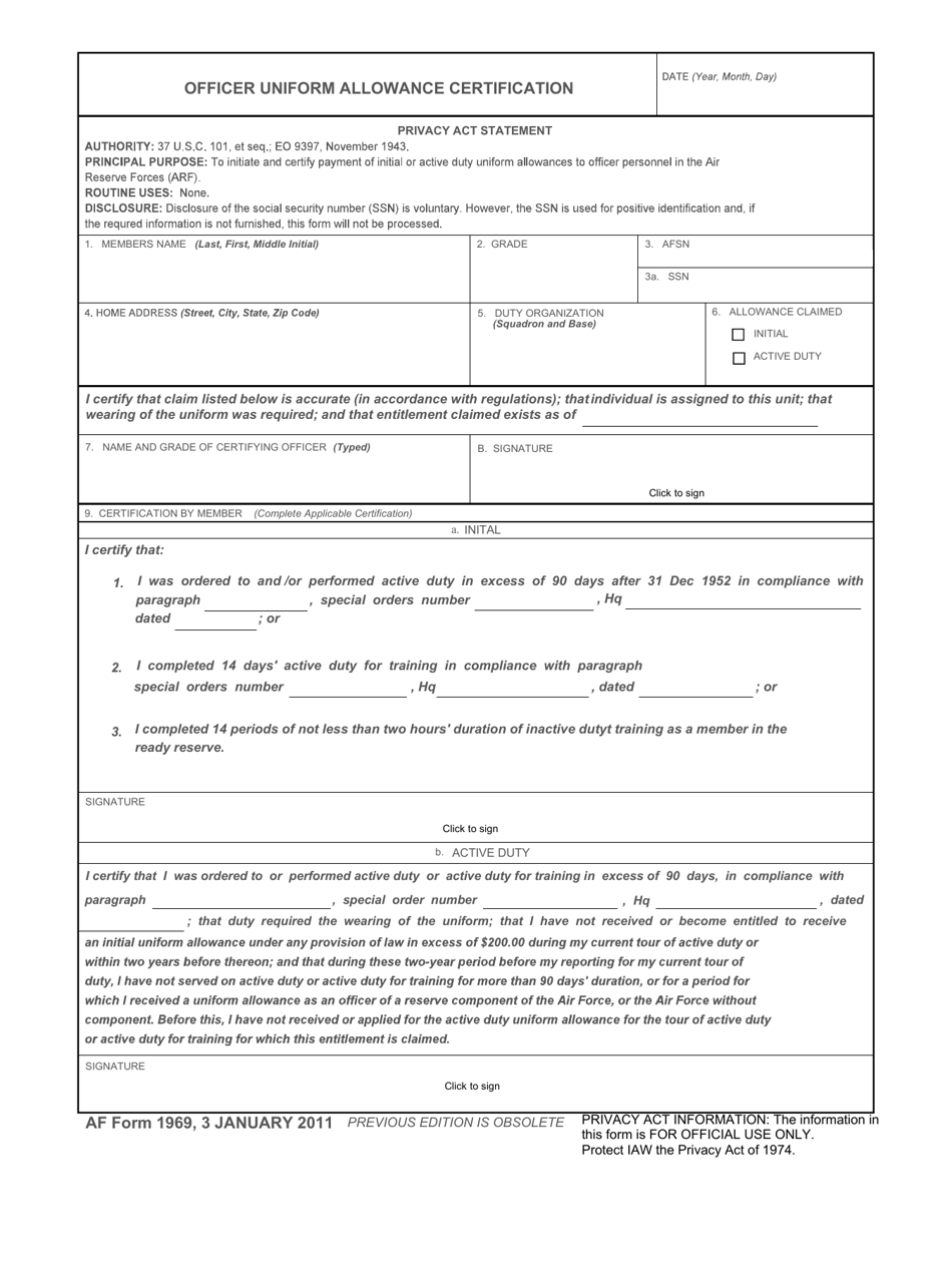 AF Form 1969 Officer Uniform Allowance Certification, Page 1