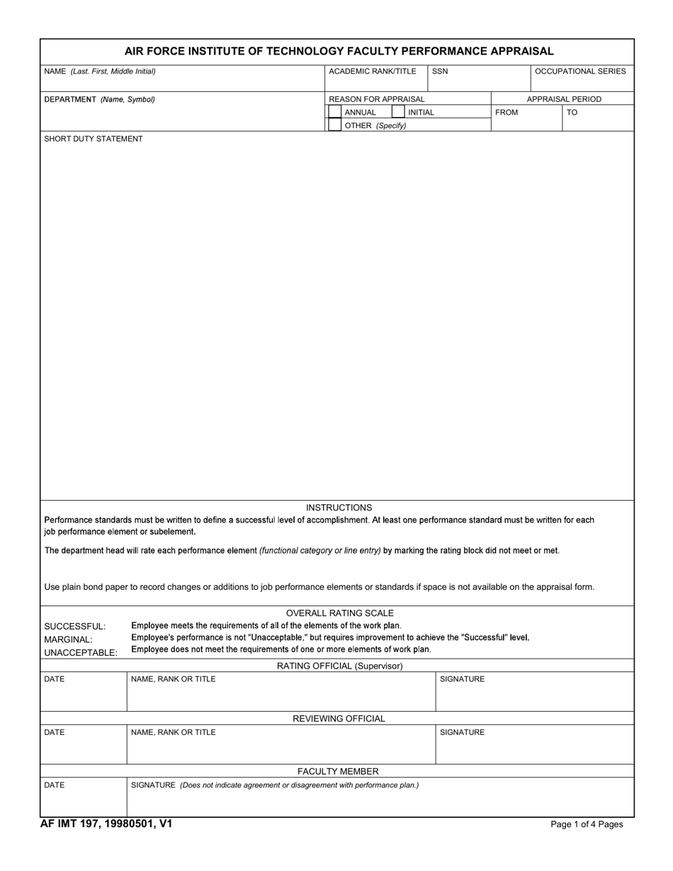 AF IMT Form 197 Air Force Institute of Technology Faculty Performance Appraisal, Page 1
