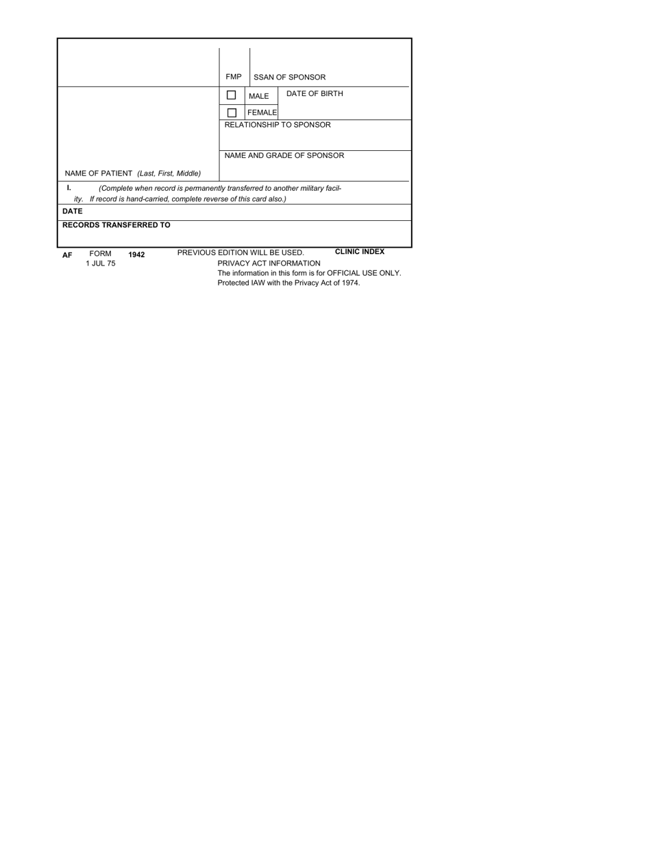 AF Form 1942 Clinic Index, Page 1