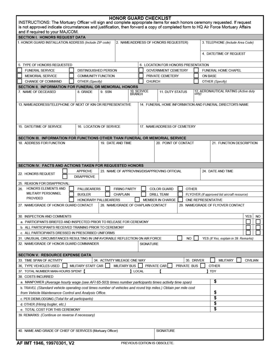 AF IMT Form 1946 Honor Guard Checklist, Page 1