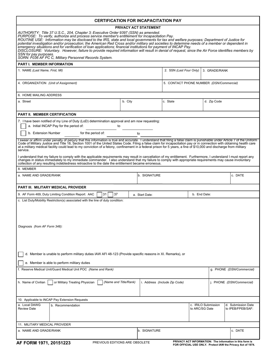 AF Form 1971 Certification for Incapacitation Pay, Page 1