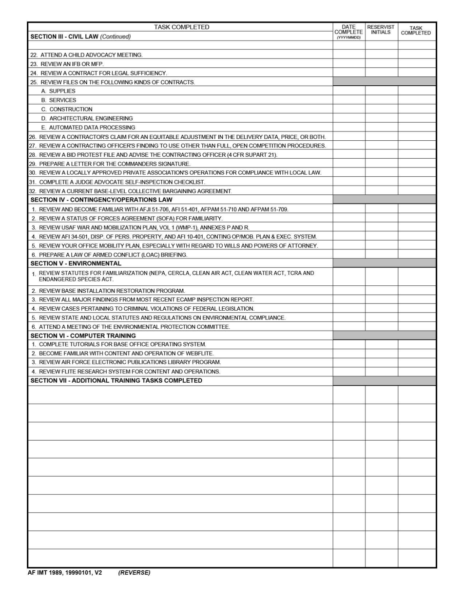 AF IMT Form 1989 Air Force Reserve Judge Advocate Training Guideline, Page 2