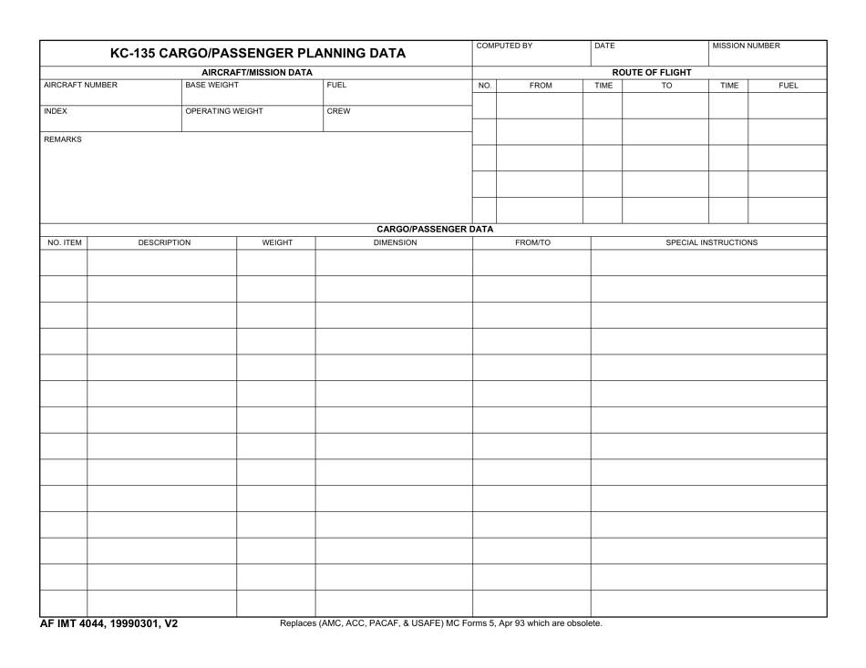 AF IMT Form 4044 Kc-135 Cargo / Passenger Planning Data, Page 1