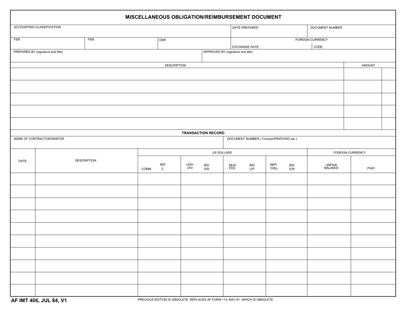 AF IMT Form 406 Miscellaneous Obligation/Reimbursement Document
