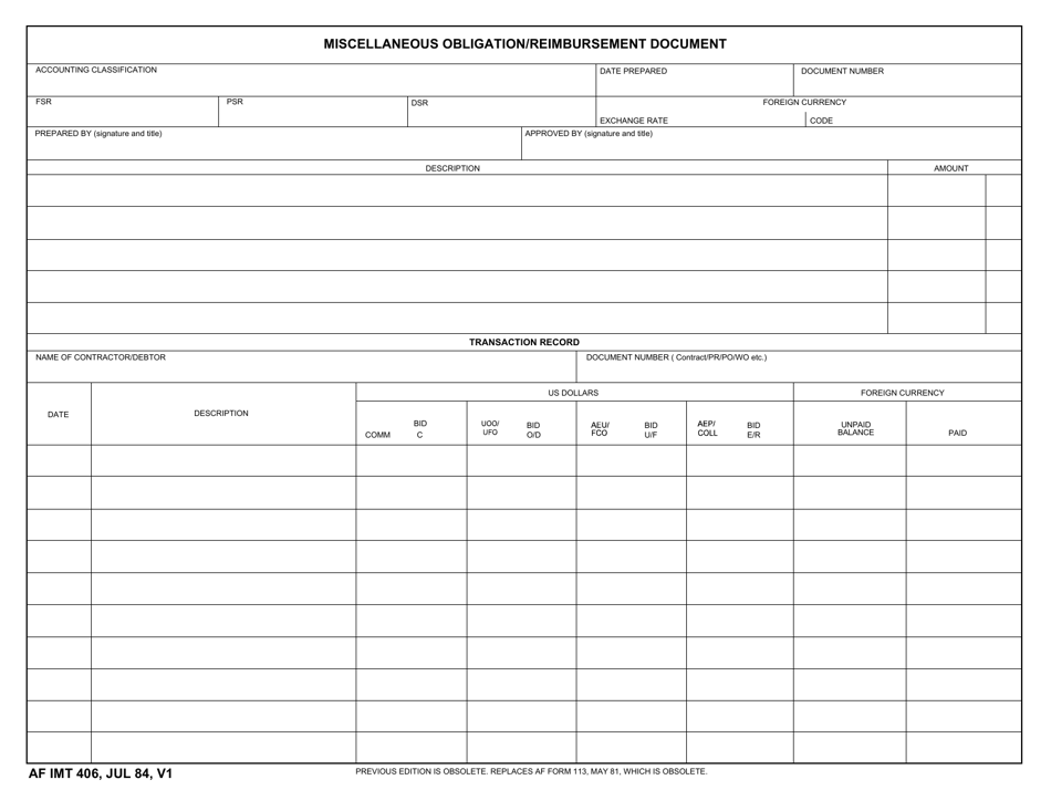 AF IMT Form 406 Miscellaneous Obligation / Reimbursement Document, Page 1