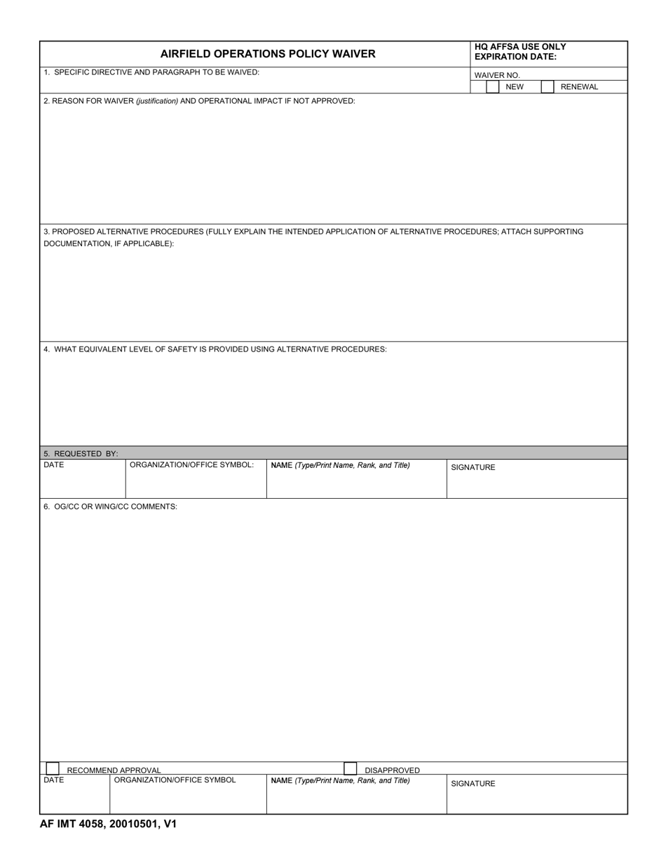 AF IMT Form 4058 Airfield Operations Policy Waiver, Page 1