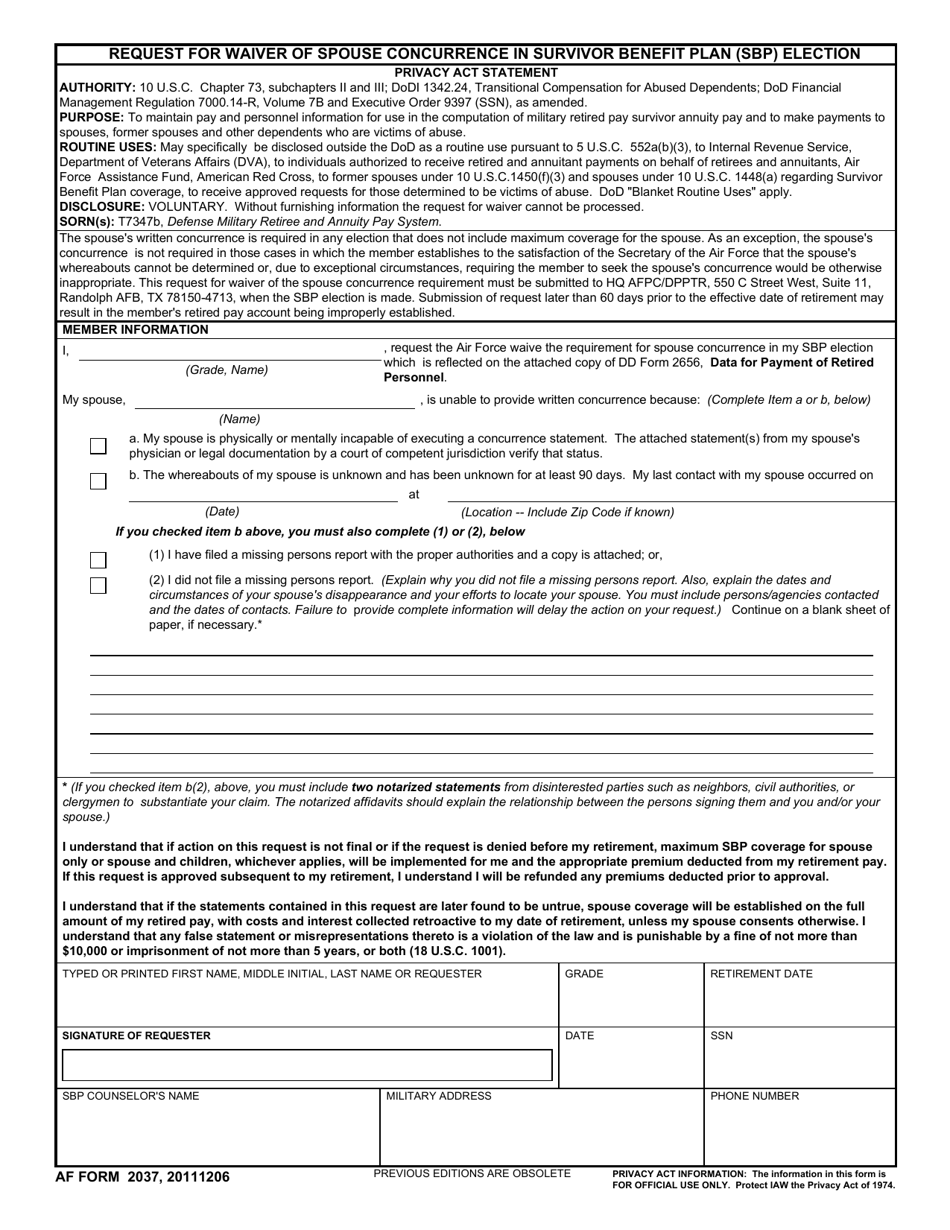AF Form 2037 Request for Waiver of Spouse Concurrence in Survivor Benefit Plan (SBP) Election, Page 1