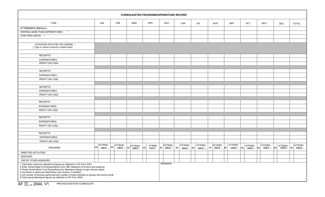AF IMT Form 2044 Consolidated Program/Expenditure Record