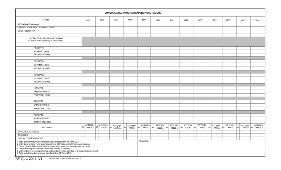 AF IMT Form 2044 Consolidated Program / Expenditure Record, Page 1