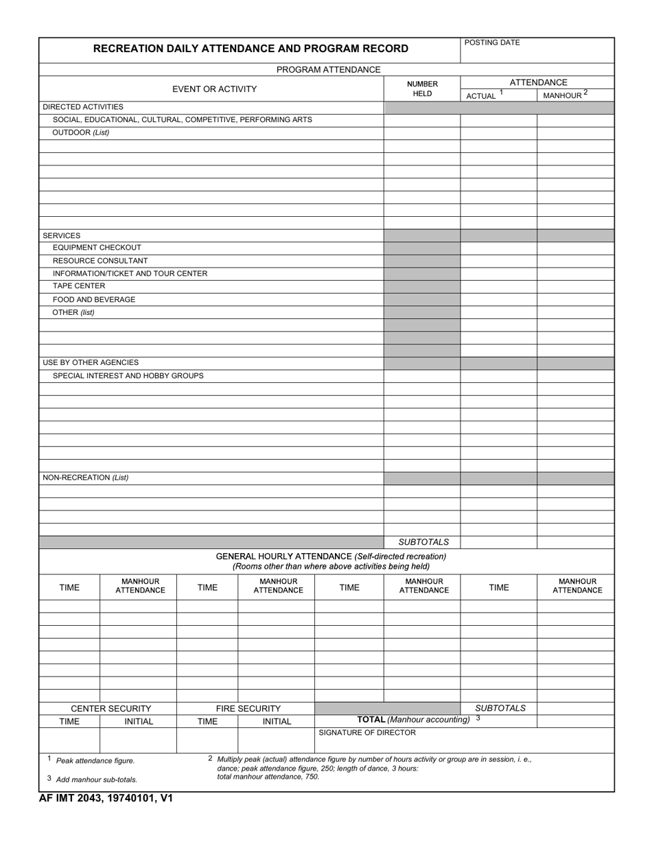 AF IMT Form 2043 Recreation Daily Attendance and Program Record, Page 1